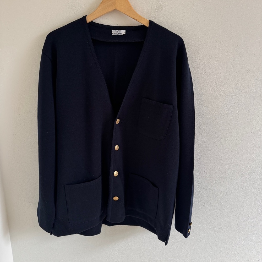 Vintage Maus & Hoffman 100% Wool Navy Cardigan XL Made in USA Gold Buttons Pocke
